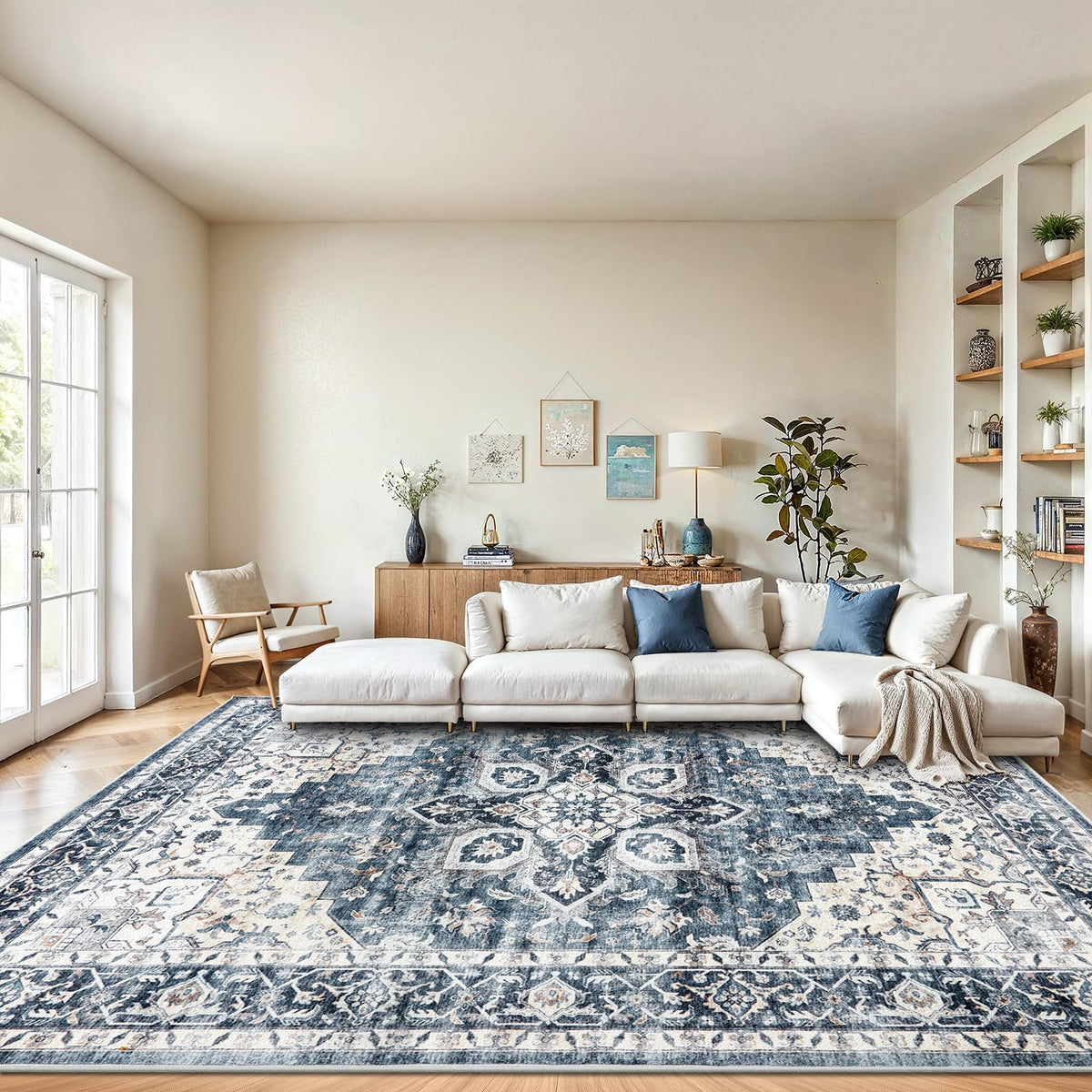AMADA HOMEFURNISHING front view of 8x10 blue rug showing full pattern and fit
