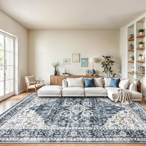 AMADA HOMEFURNISHING front view of 8x10 blue rug showing full pattern and fit