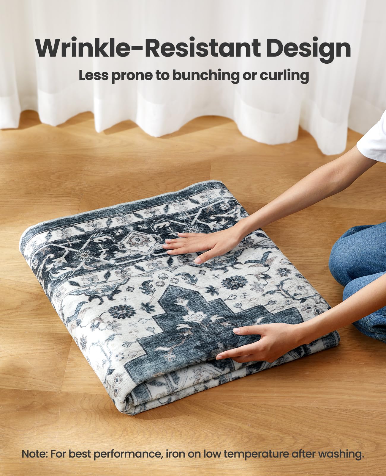 AMADA HOMEFURNISHING rug styled in bedroom and dining for versatile use