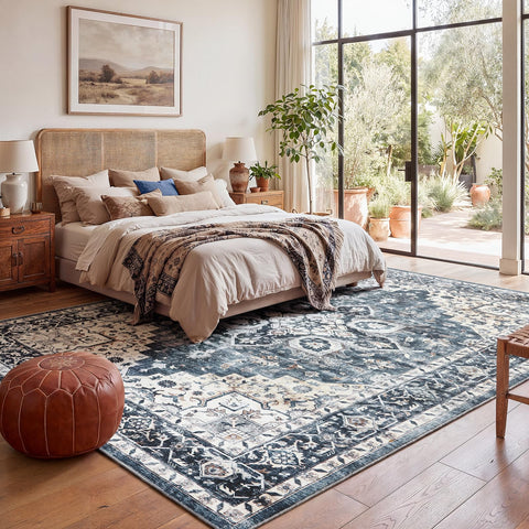 AMADA HOMEFURNISHING blue rug in bedroom layout offering cozy coverage