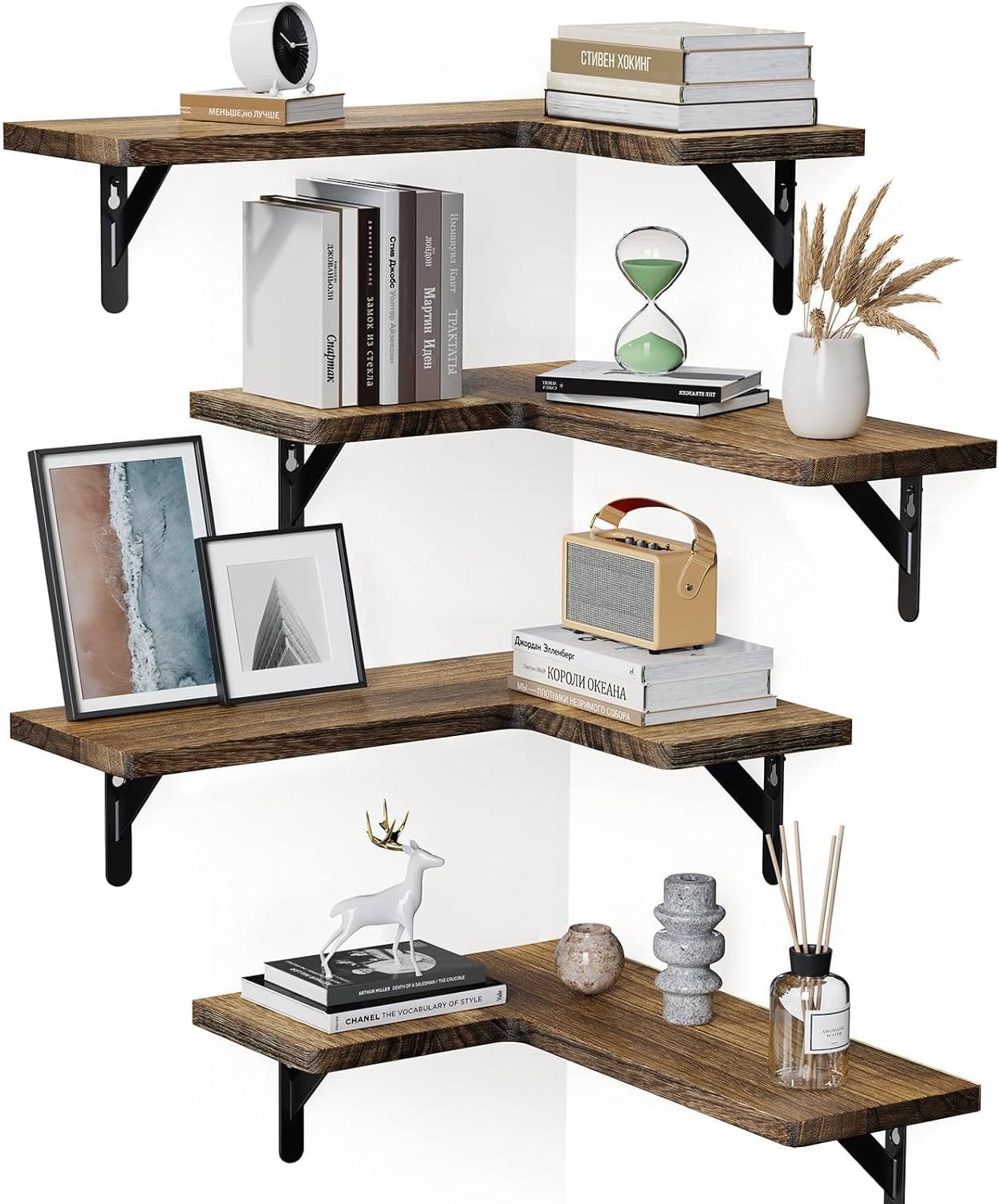 AMADA HOMEFURNISHING front view of four brown corner shelves, versatile storage