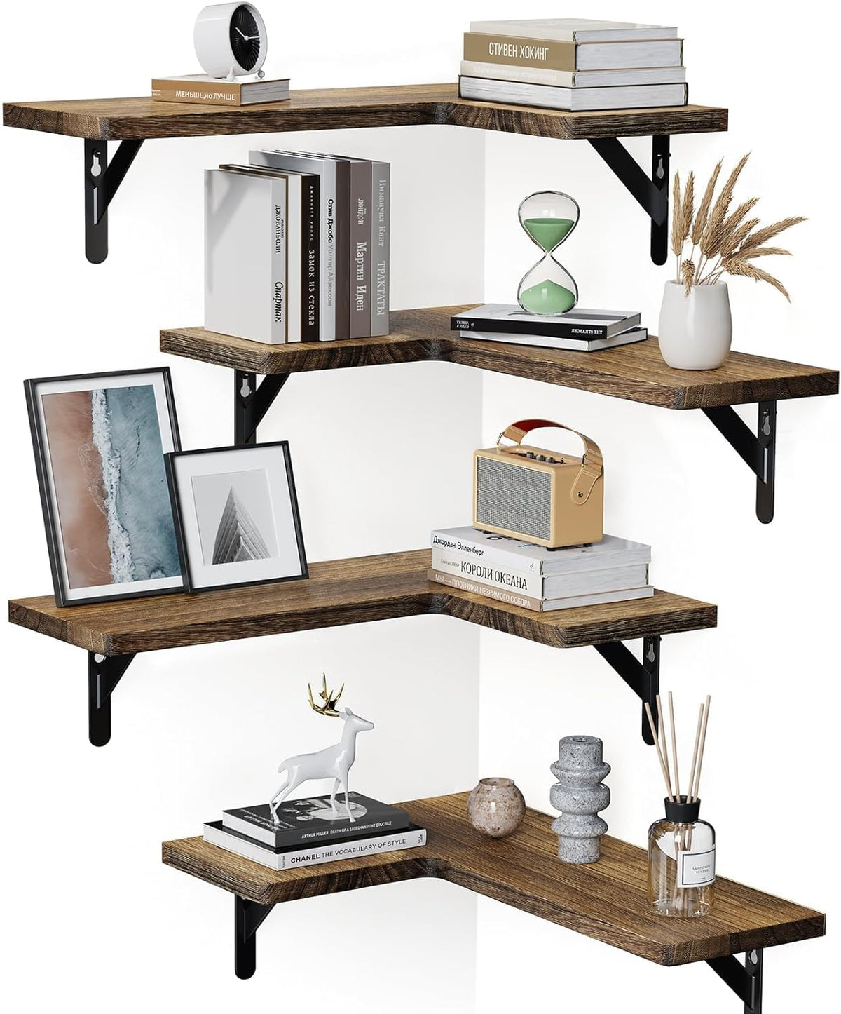 AMADA HOMEFURNISHING front view of four brown corner shelves, versatile storage