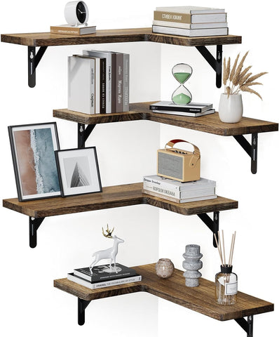 AMADA HOMEFURNISHING front view of four brown corner shelves, versatile storage
