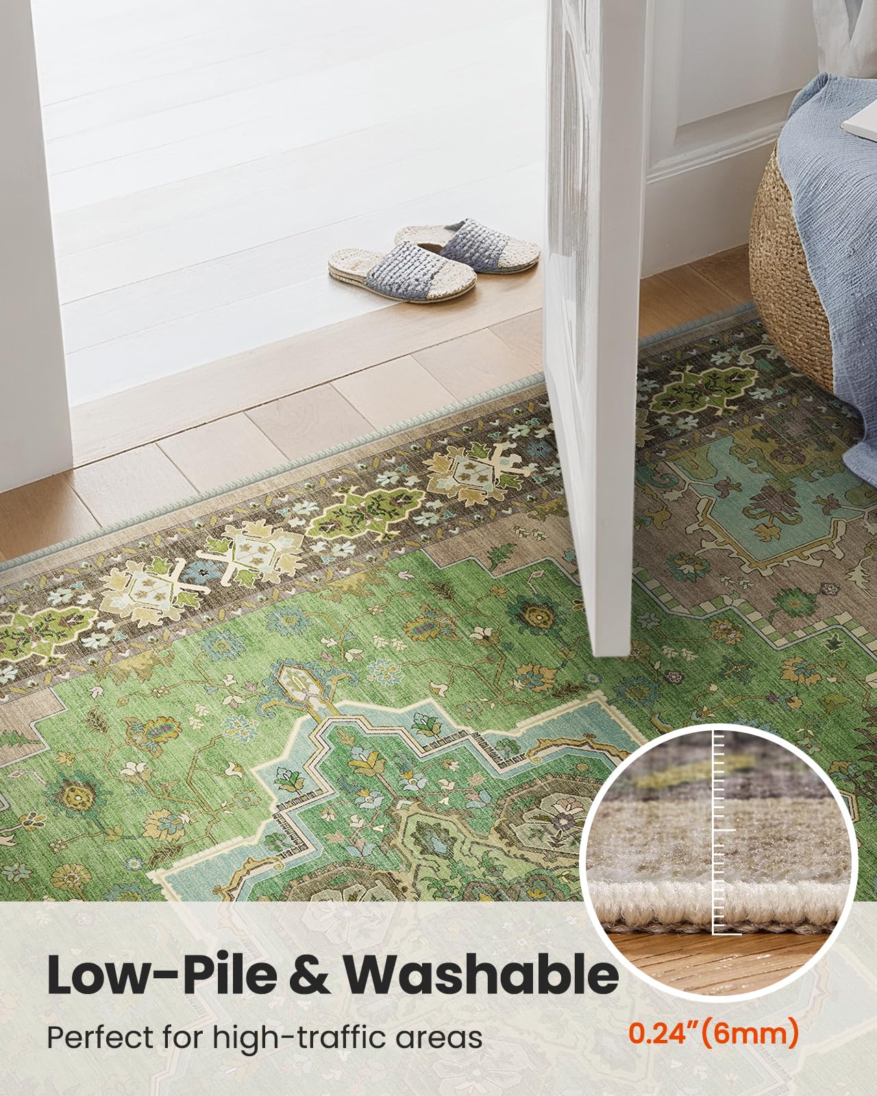 AMADA HOMEFURNISHING rug beside sofa showing true scale and furniture anchoring benefit
