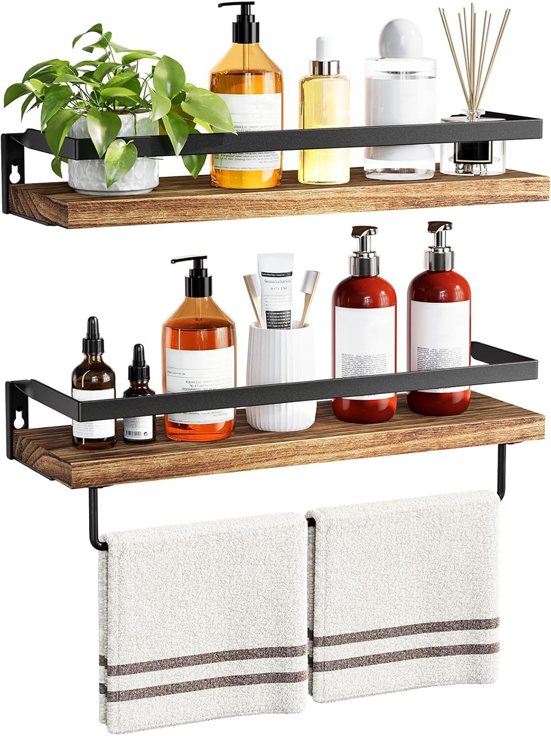 AMADA HOMEFURNISHING front view showing rustic brown shelf set and mounting bracket benefits