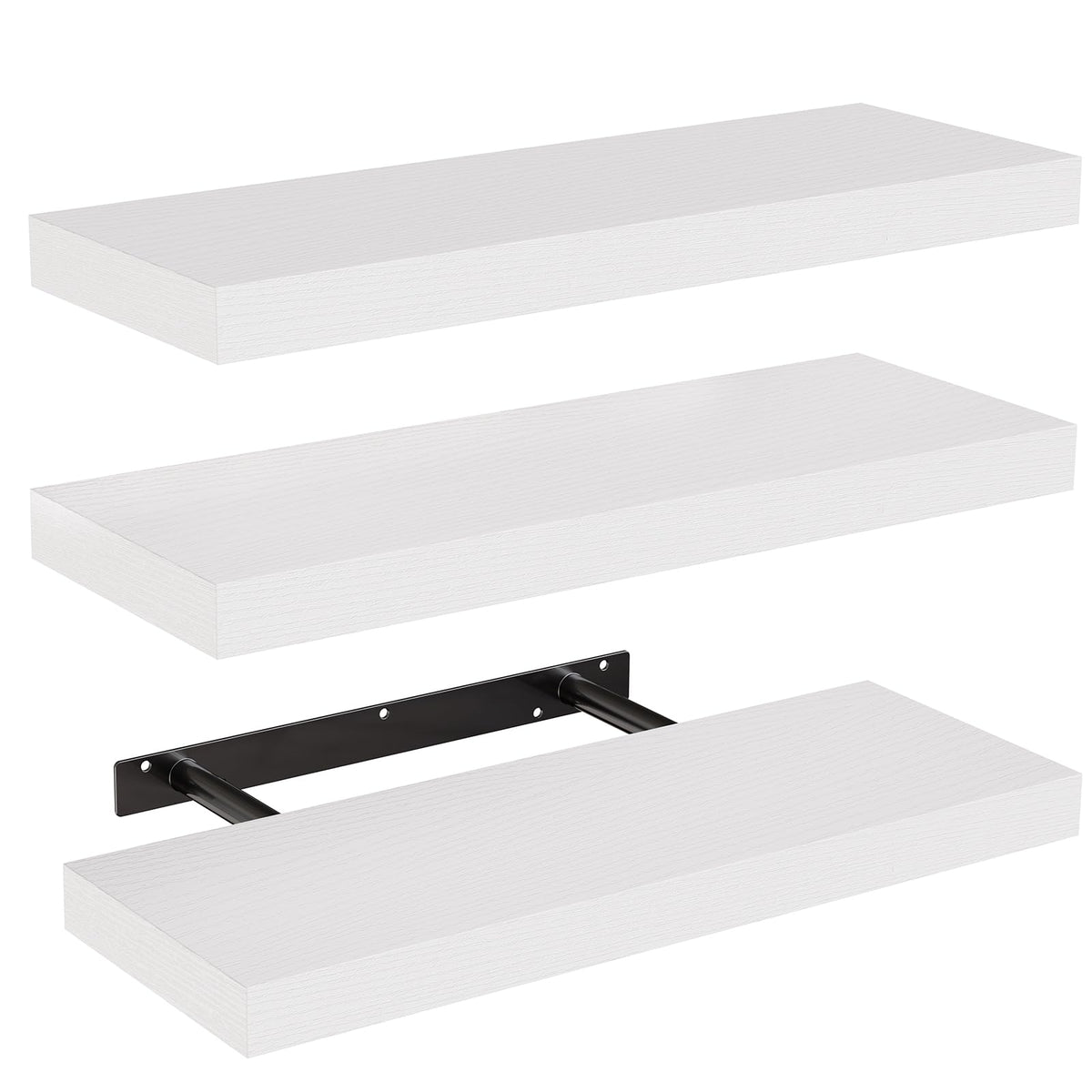 AMADA HOMEFURNISHING front view of white floating shelves showing clean profile and storage benefit