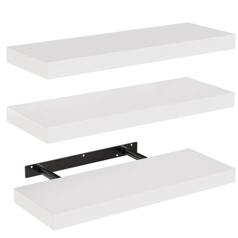 AMADA HOMEFURNISHING front view of white floating shelves showing clean profile and storage benefit