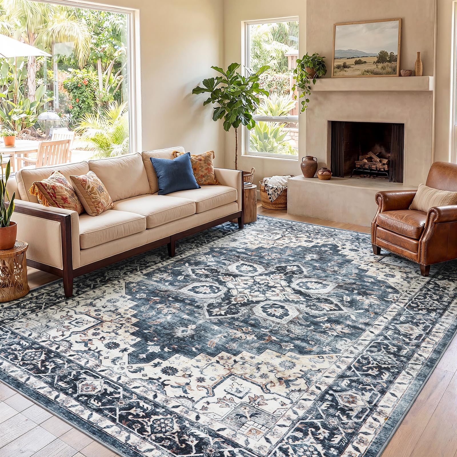 AMADA HOMEFURNISHING rug size comparison beside sofa illustrating scale