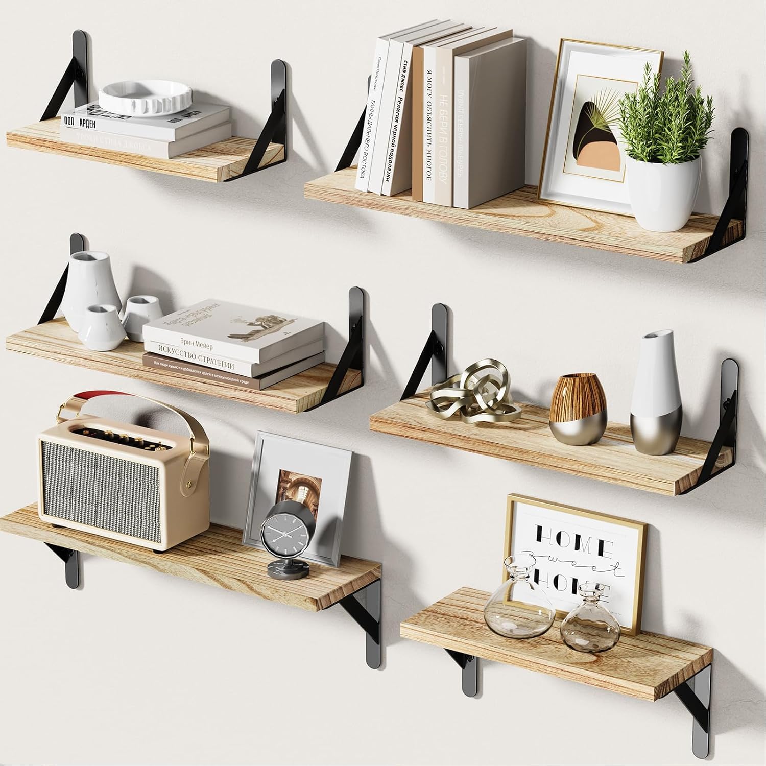 AMADA HOMEFURNISHING front view of six-piece shelf set, shows natural finish and arrangement benefits