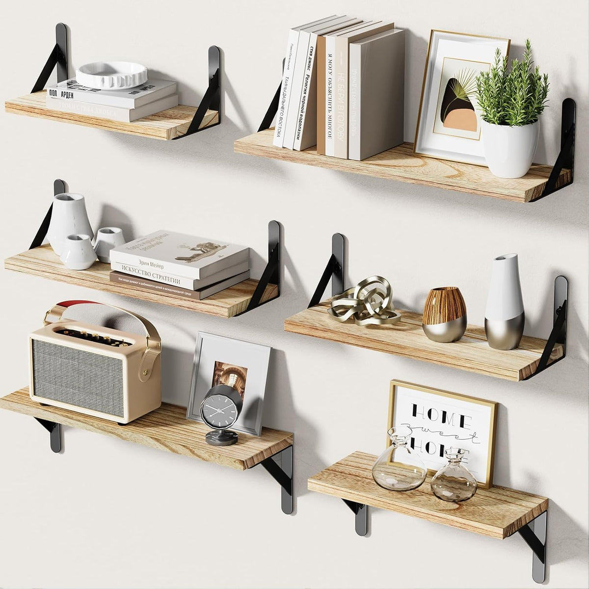 AMADA HOMEFURNISHING front view of six-piece shelf set, shows natural finish and arrangement benefits