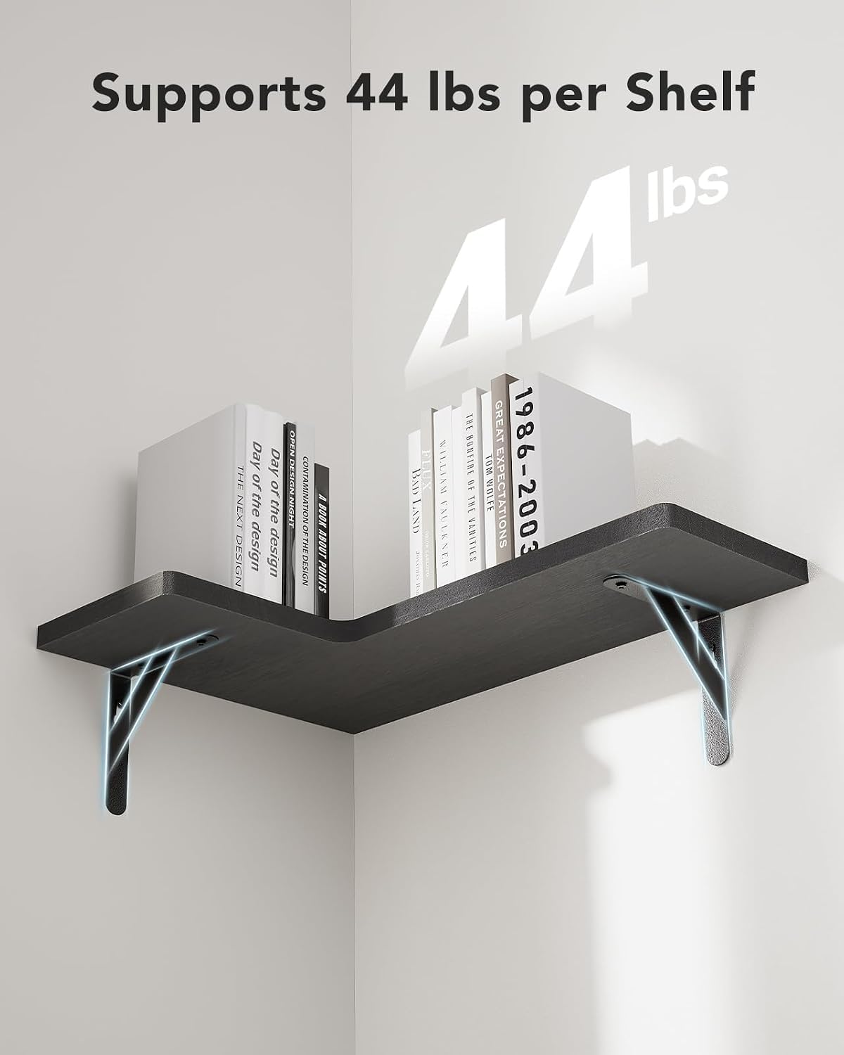 AMADA mounted corner shelves in a living room saving floor space and displaying decor
