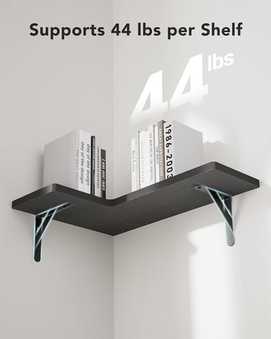AMADA mounted corner shelves in a living room saving floor space and displaying decor
