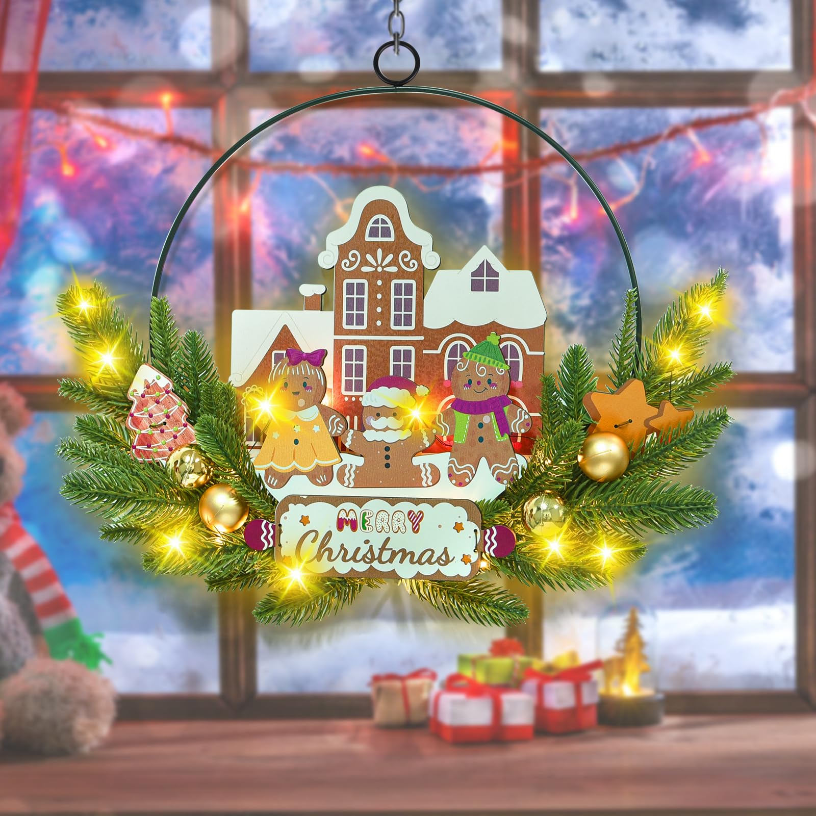 amadecohome lit wreath at night illuminating entryway with warm LEDs