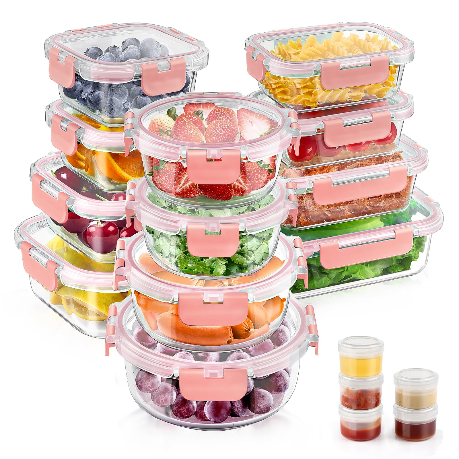 AMALEKO front view of full 34-piece set showing containers and pink lids, organized