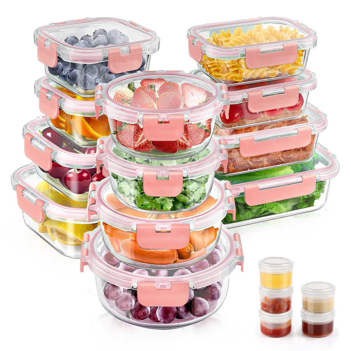 AMALEKO front view of full 34-piece set showing containers and pink lids, organized