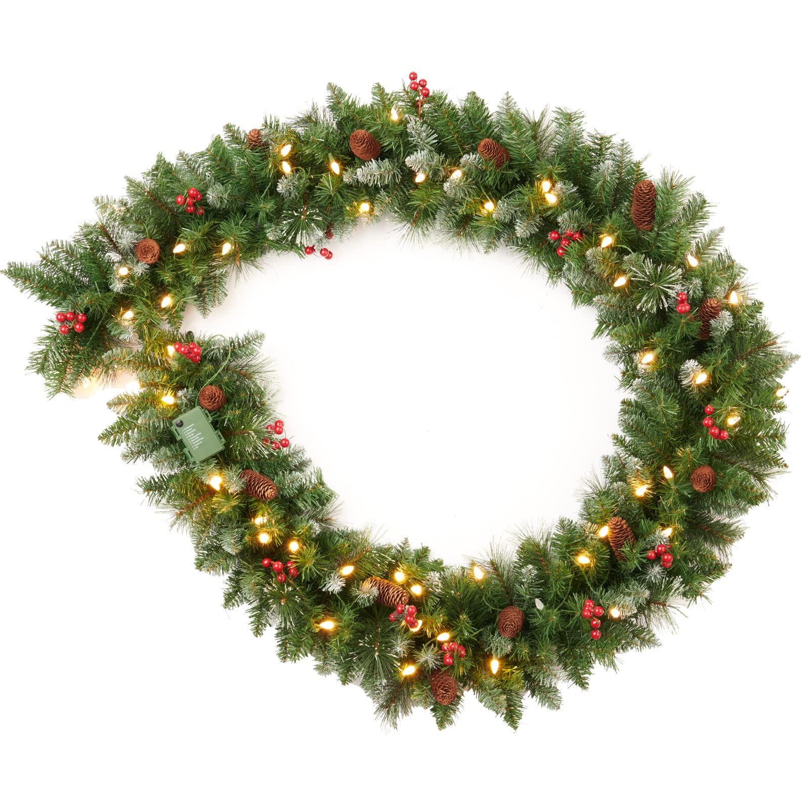Amaoasis garland front view hung on mantel showing full coverage and warm glow