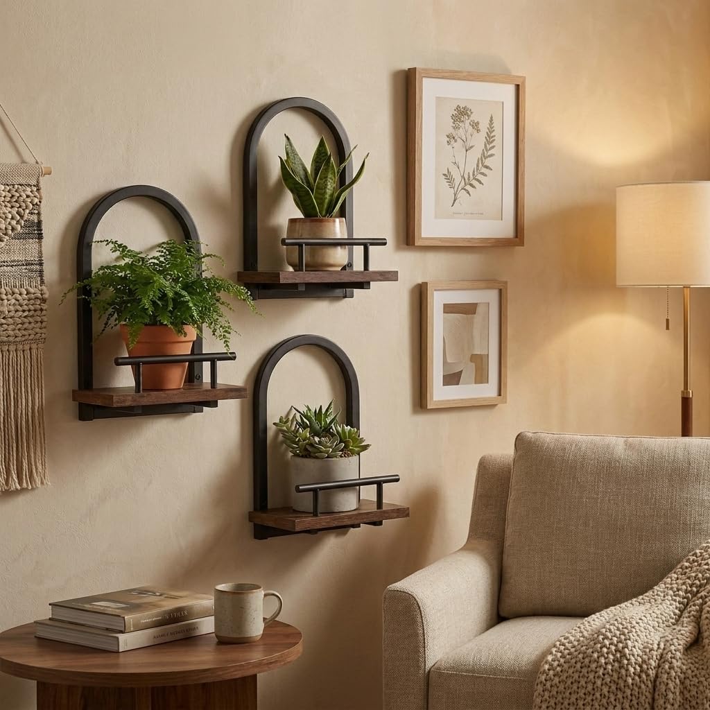Amaoot shelves styled with potted plants in living room, creates vertical garden