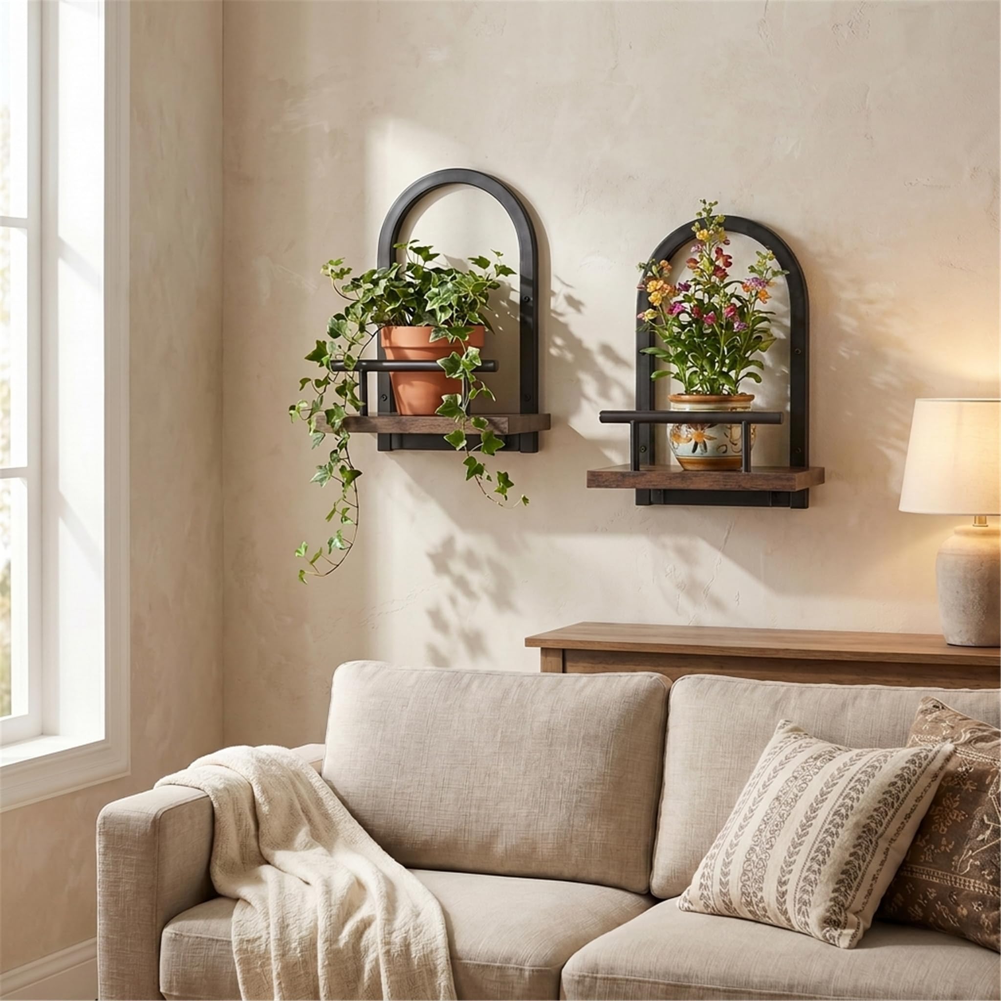 Amaoot styled shelf with decor items, enhances wall display and storage