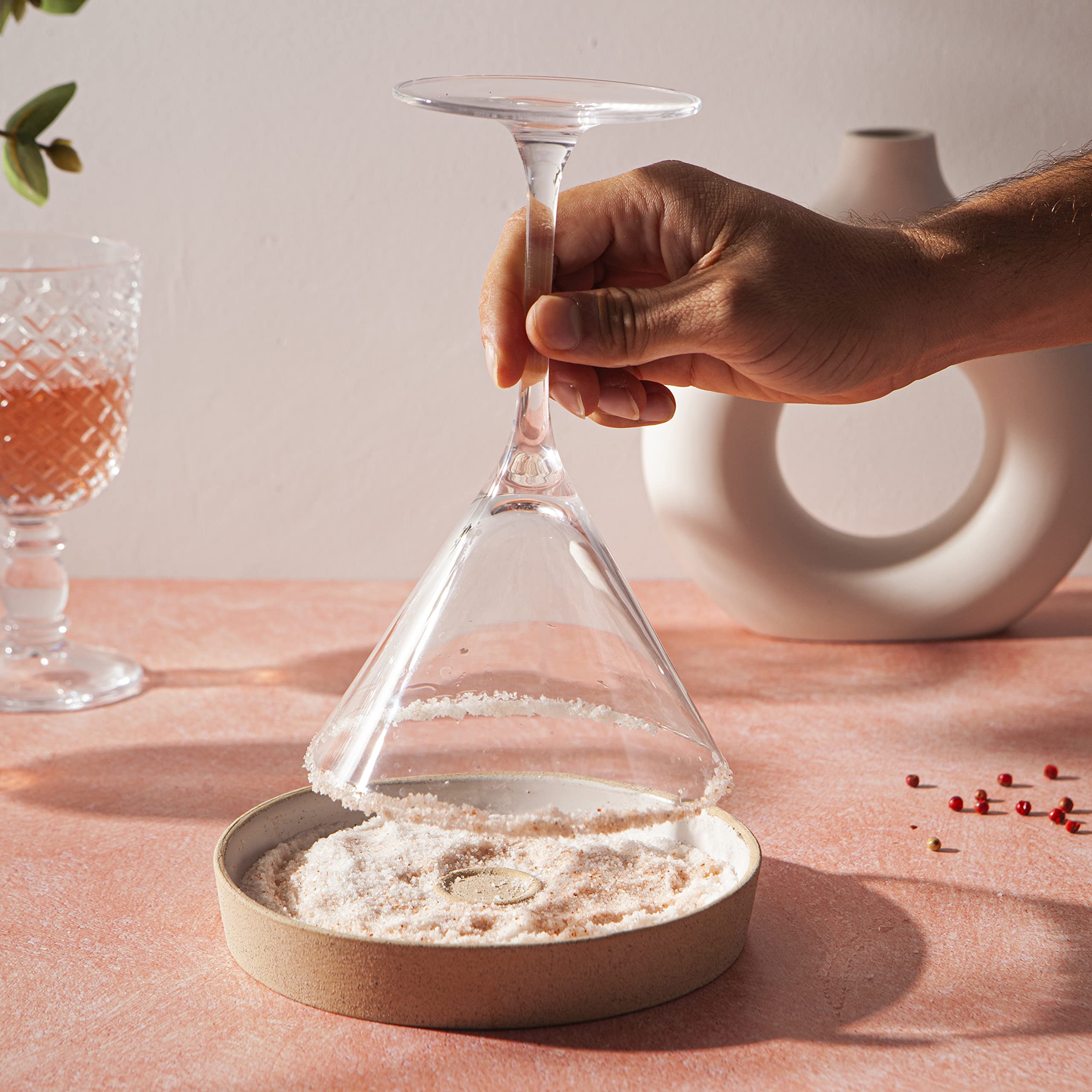 Amarcado rimmer in use with margarita glass for consistent, even salt application