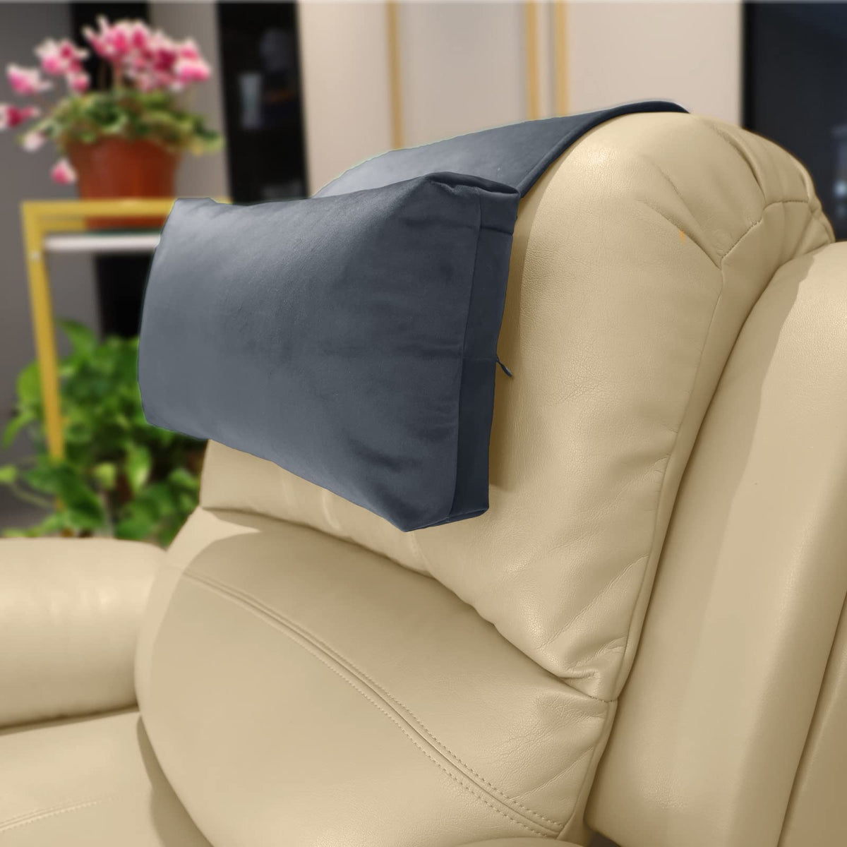 AmazeCov front view gray headrest pillow showing ergonomic support