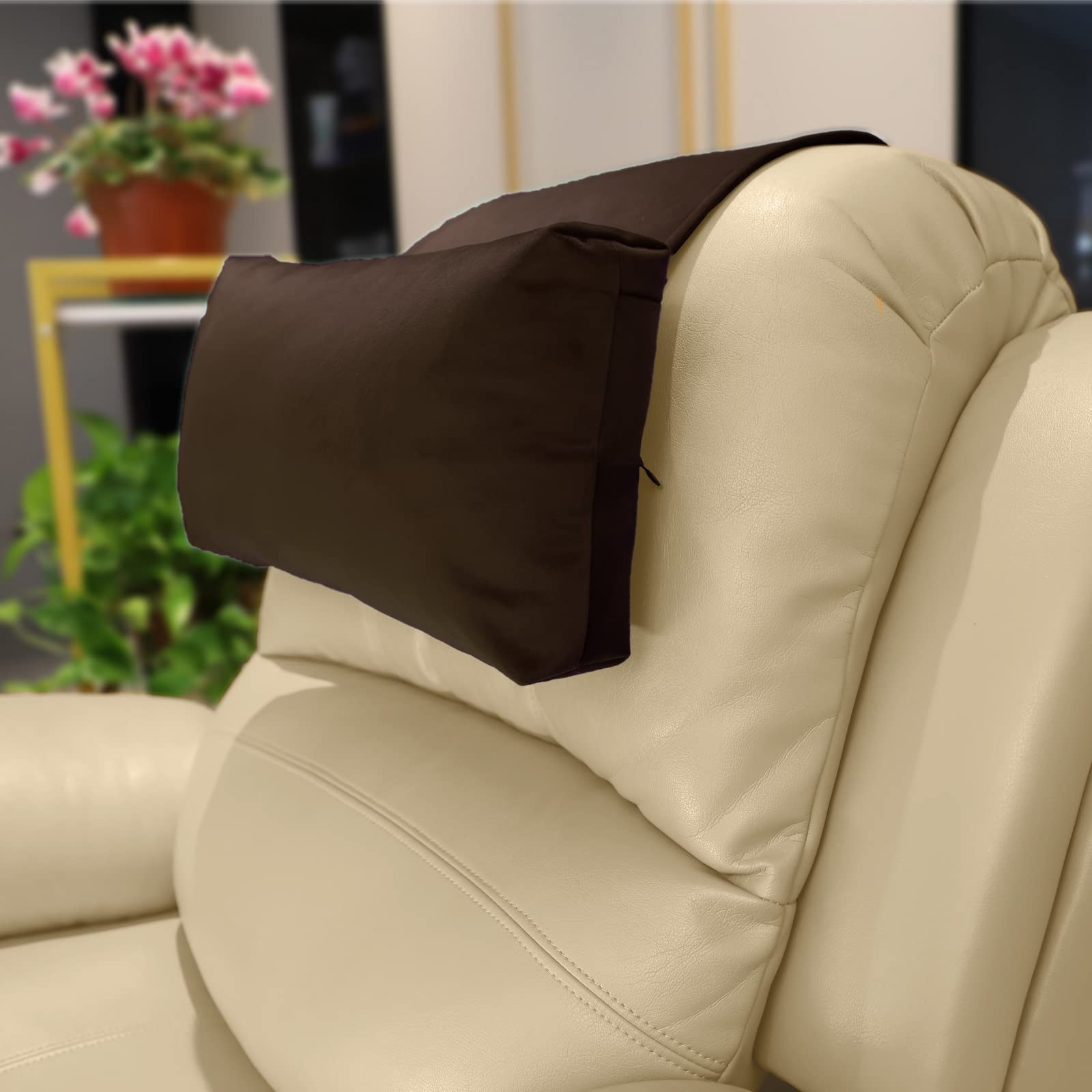 AmazeCov headrest pillow front view showing shape and chocolate velvet comfort