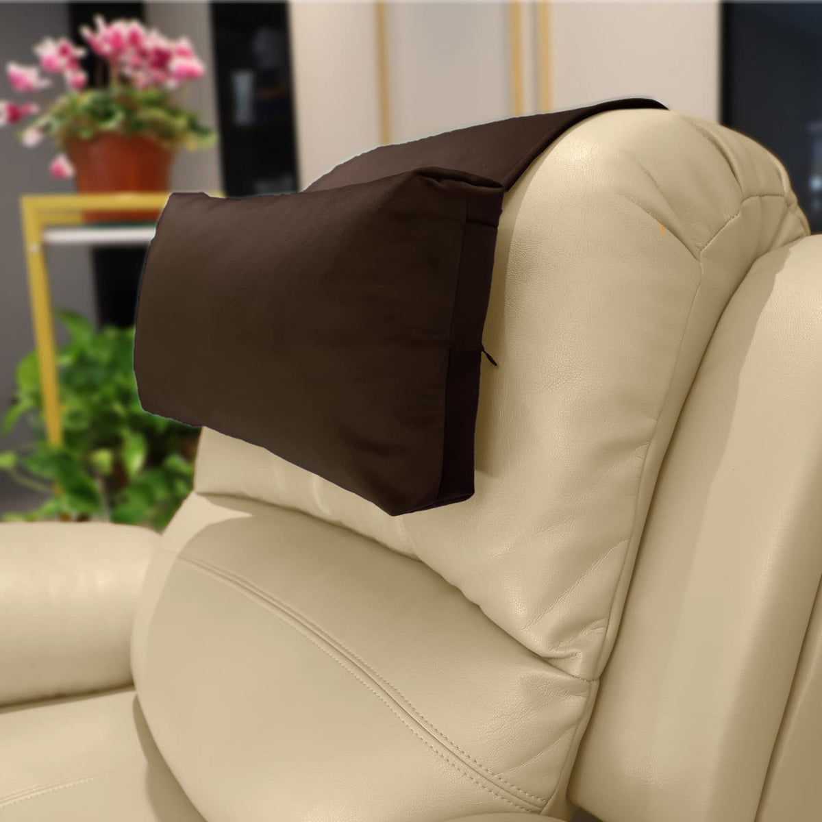 AmazeCov headrest pillow front view showing shape and chocolate velvet comfort