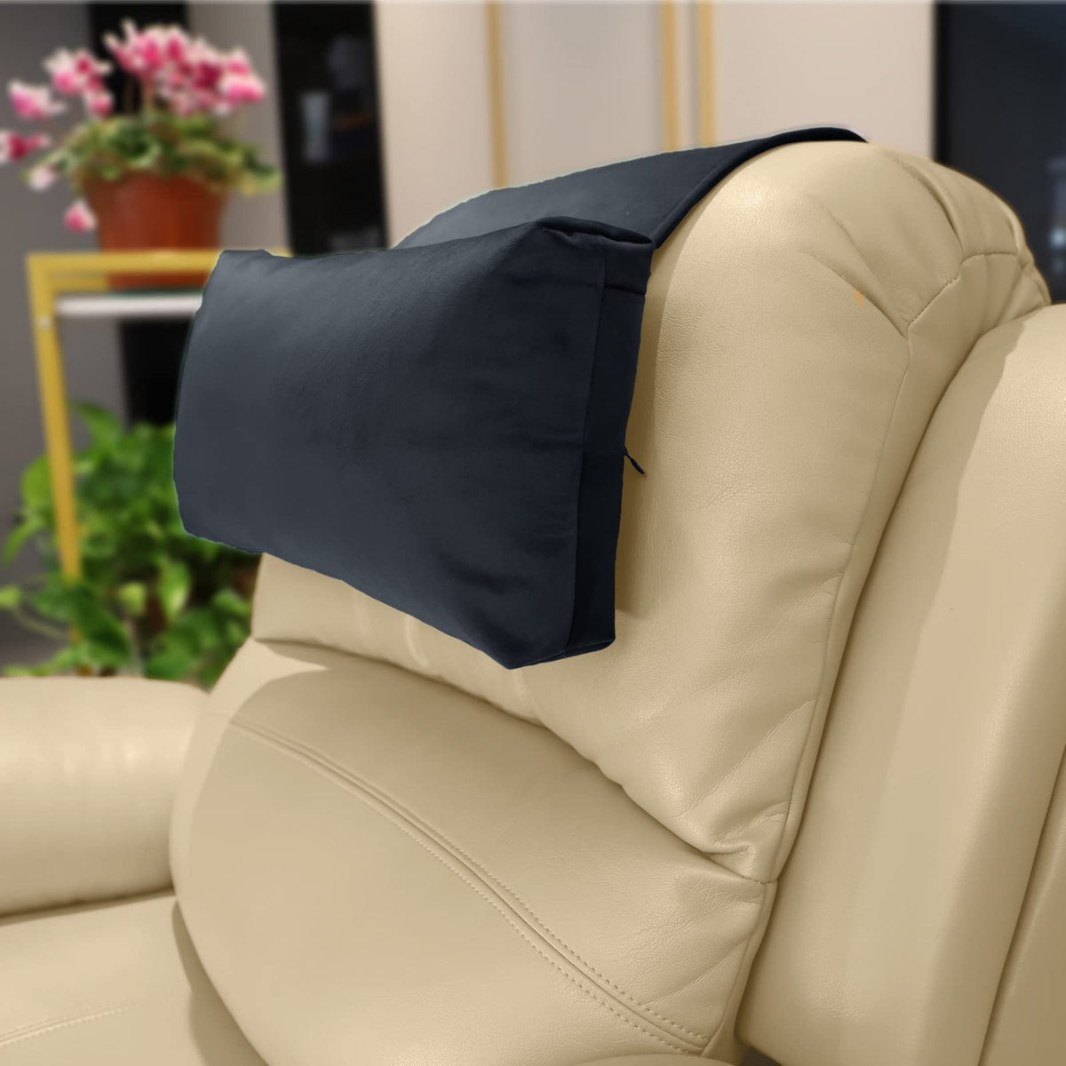 AmazeCov front view of black velvet headrest showing plush support