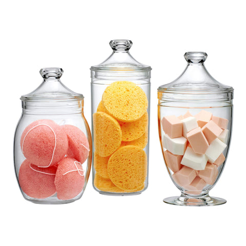 Amazing Abby front view showing three clear acrylic apothecary jars for elegant display
