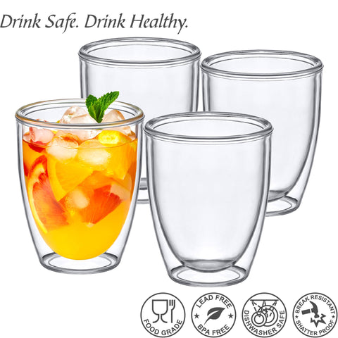 Amazing Abby four tumblers on table for entertaining showing stylish reusable glass alternative