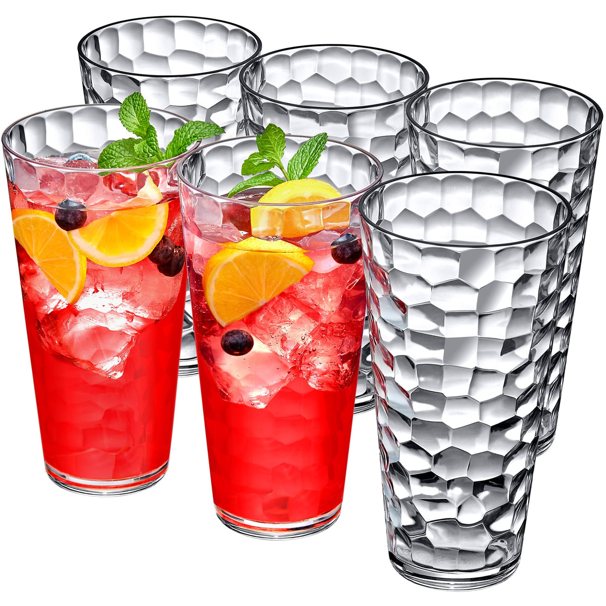 Amazing Abby front view of six clear 30oz tumblers showcasing elegant presentation
