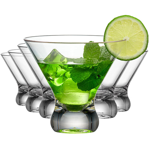 Amazing Abby front packaging showing six clear reusable martini glasses and durable benefit