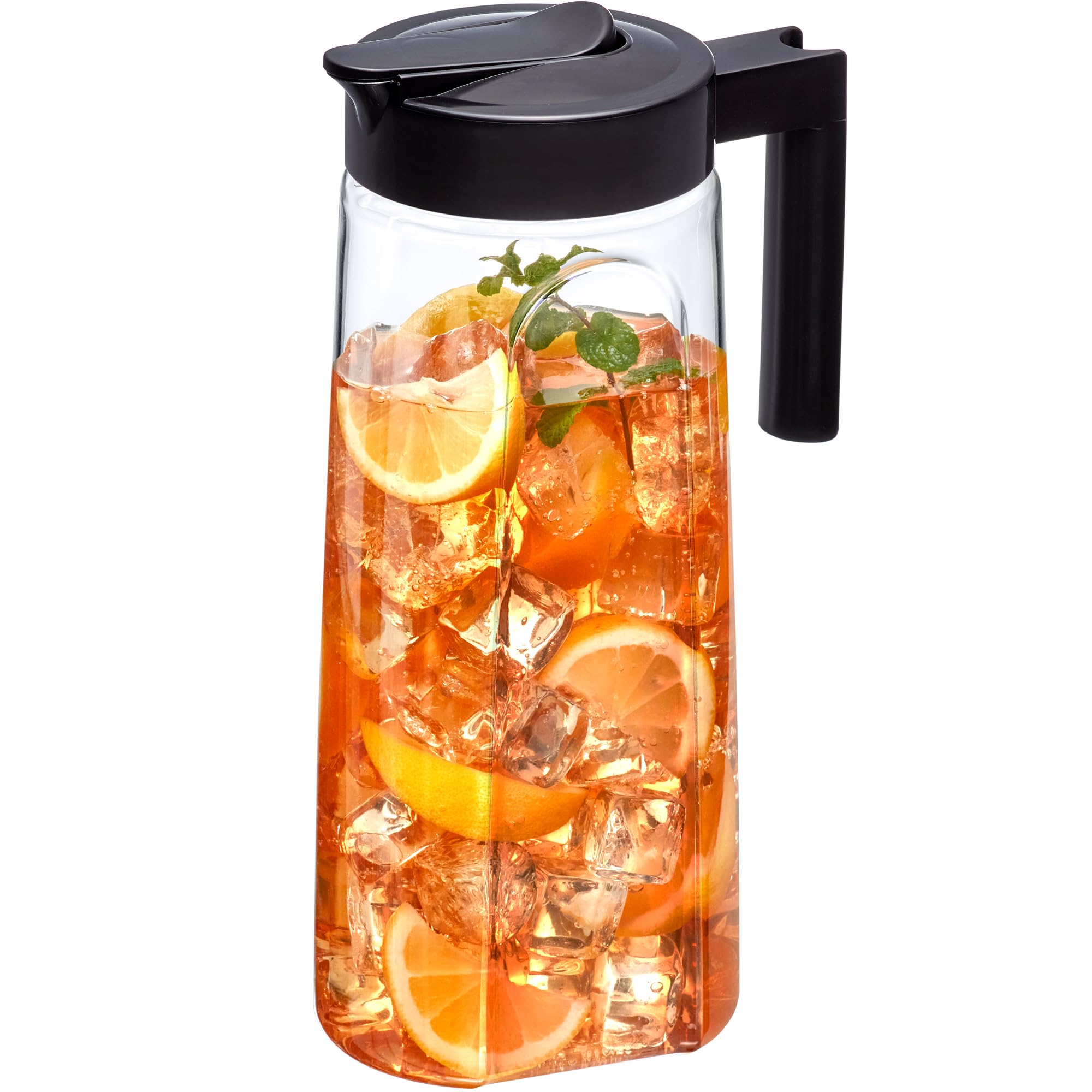 Amazing Abby pitcher front view showing clear Tritan and black lid benefit durable serving