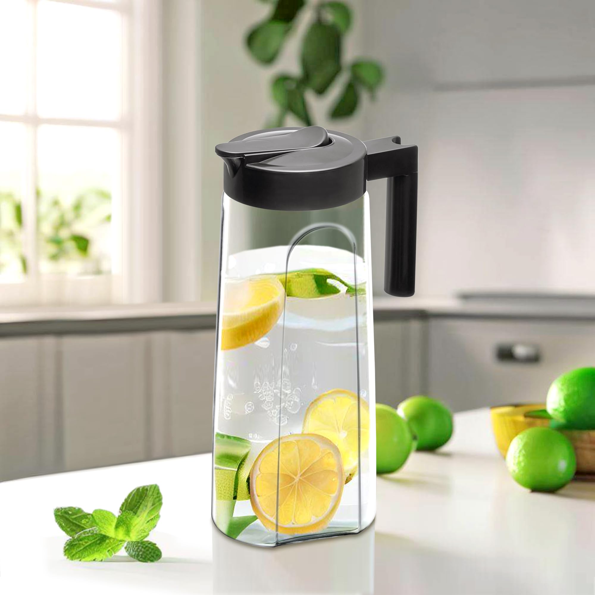 Amazing Abby pitcher side profile slim shape saves fridge space and eases storage