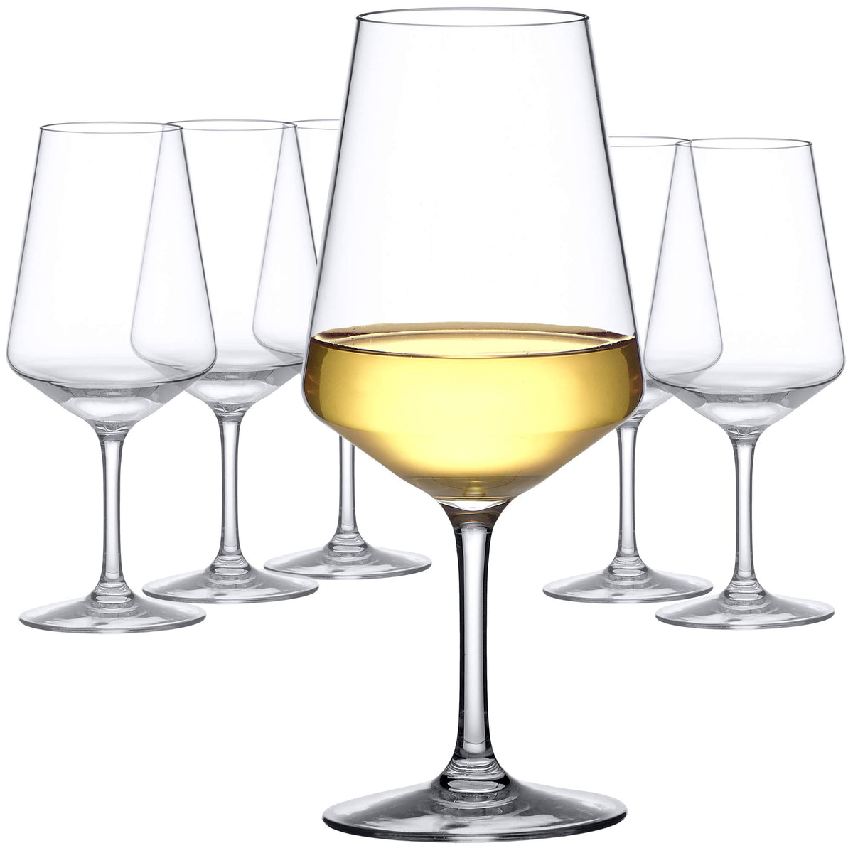 Amazing Abby front view of six Sherry Tritan glasses showing clear modern elegance and safety