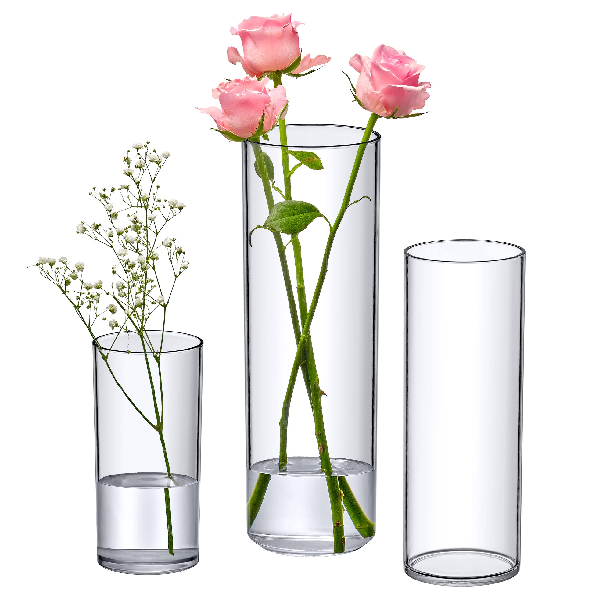Amazing Abby front view of three clear acrylic vases showing elegant transparency and durability