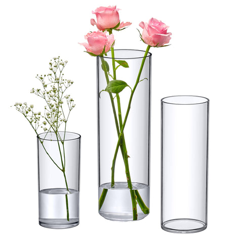 Amazing Abby front view of three clear acrylic vases showing elegant transparency and durability