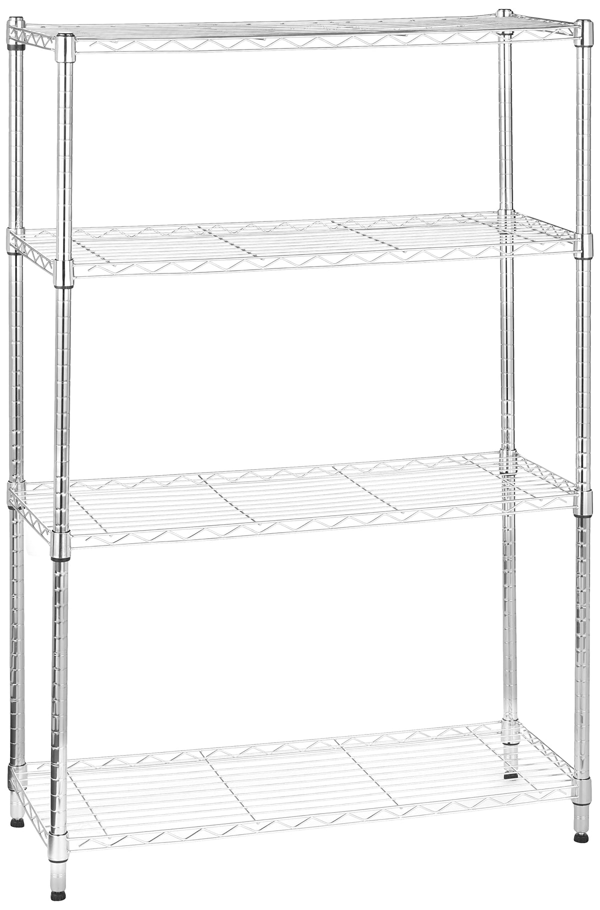 Amazon Basics front view of 4-shelf unit showing sturdy storage benefit
