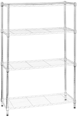 Amazon Basics front view of 4-shelf unit showing sturdy storage benefit