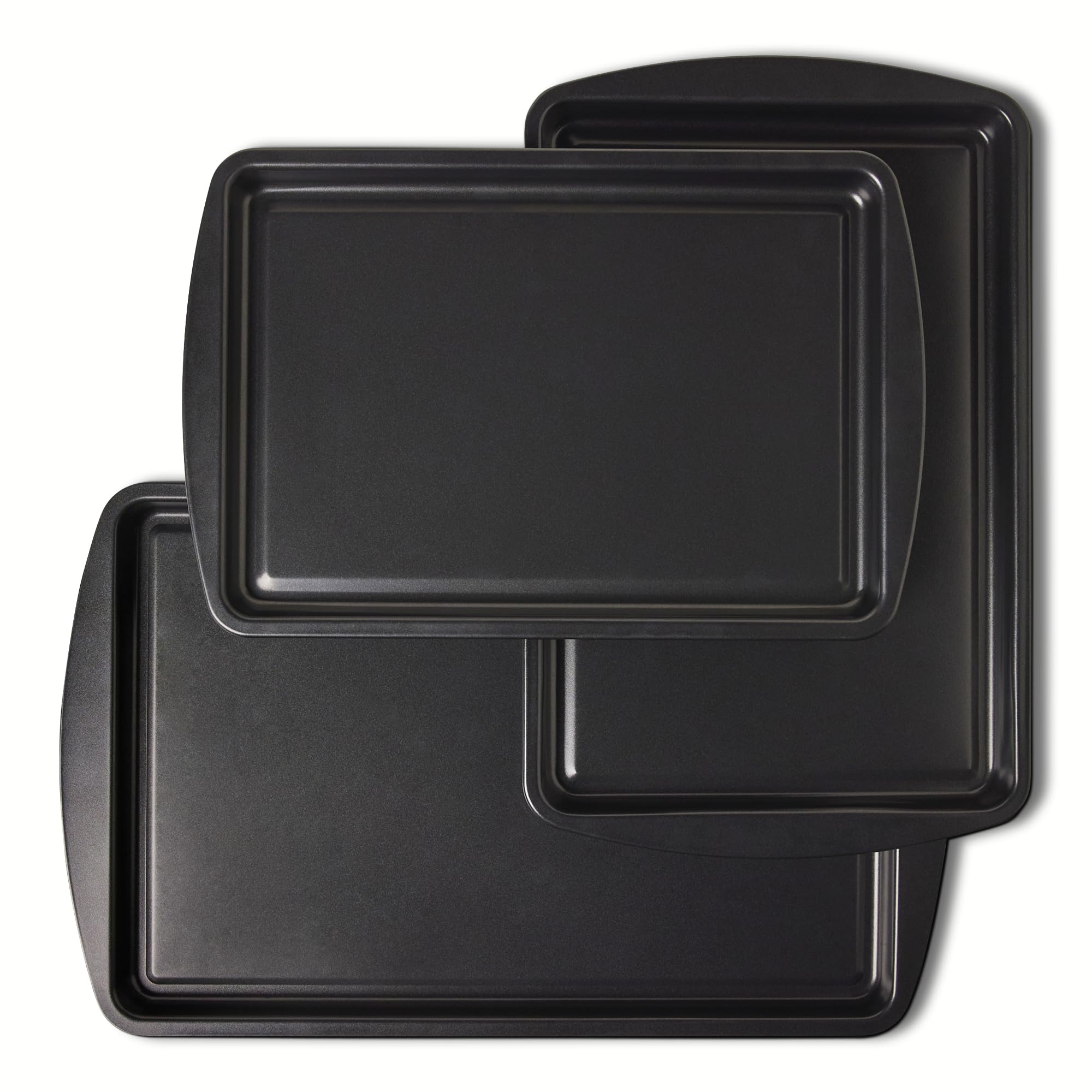 Amazon Basics front view of three baking sheets showing sizes and neat appearance