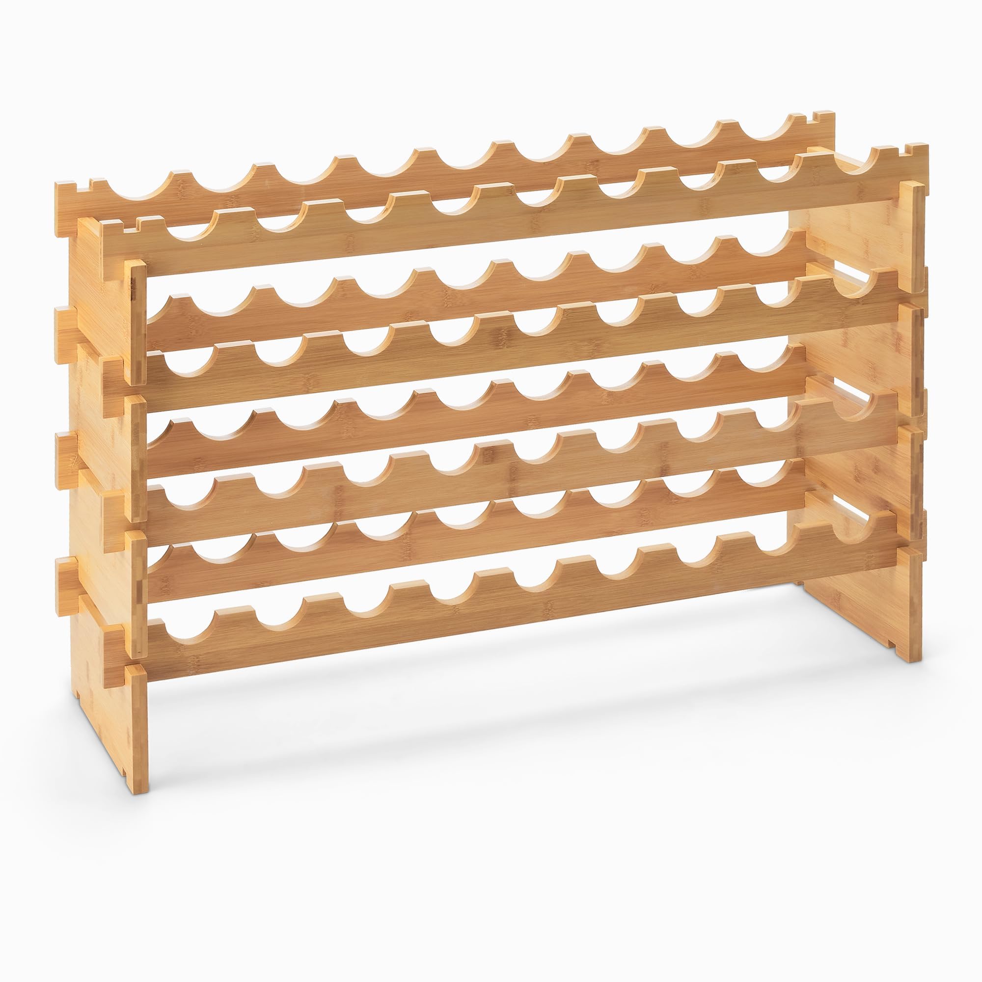 Amazon Basics front view of bamboo wine rack showing neat bottle storage and warm finish