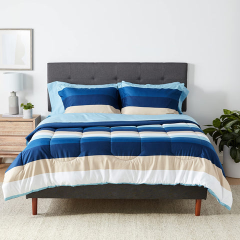 Amazon Basics blue stripe front view showing coordinated comforter set and neat styling