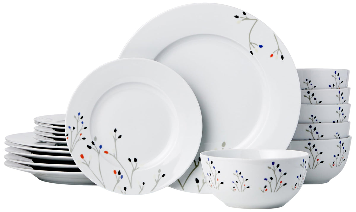 Amazon Basics front view of 18-piece Branches set showing plates and bowls benefits coordinated service