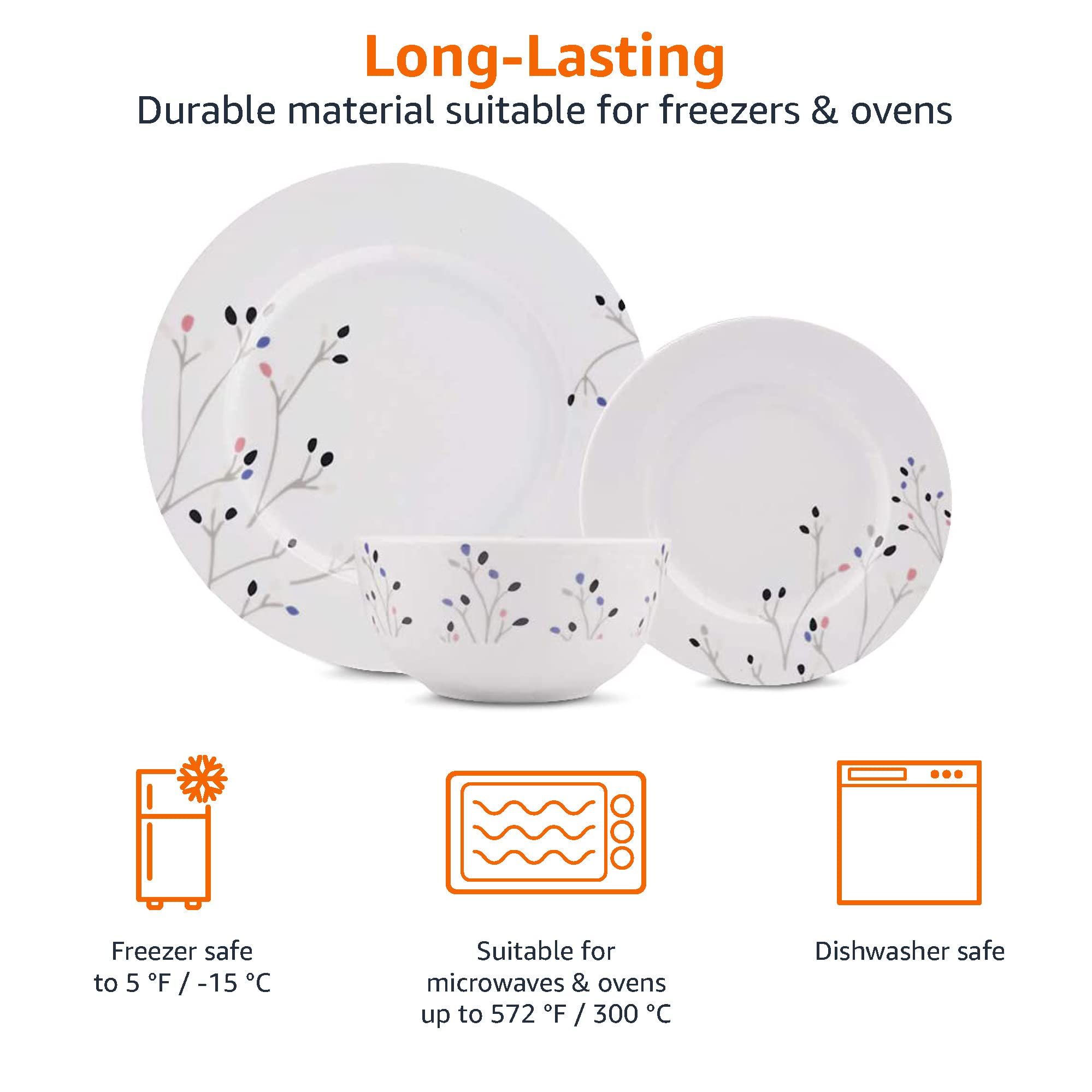 Amazon Basics stacked plates demonstrating compact storage and stable stacking benefit
