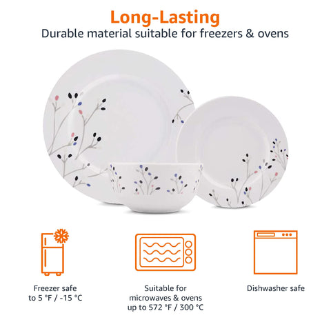 Amazon Basics stacked plates demonstrating compact storage and stable stacking benefit