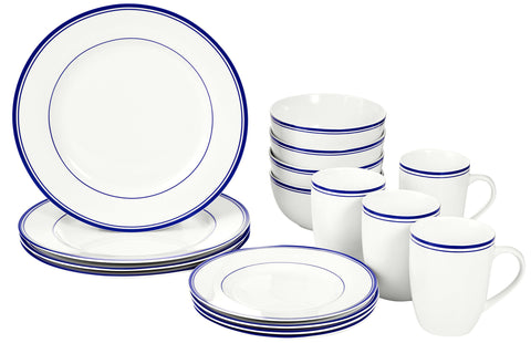 Amazon Basics front view of full 16-piece set showing coordinated blue-trim and benefit: cohesive tableware