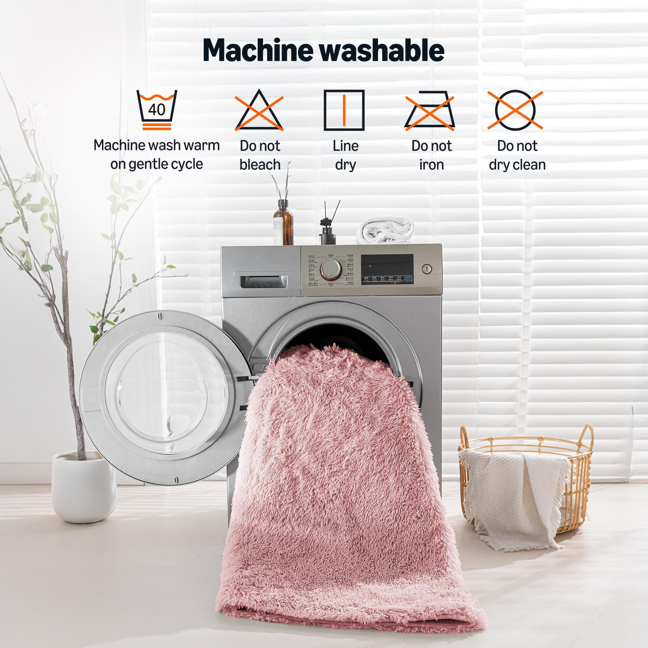Amazon Basics care label and washing depiction showing easy machine-wash benefit