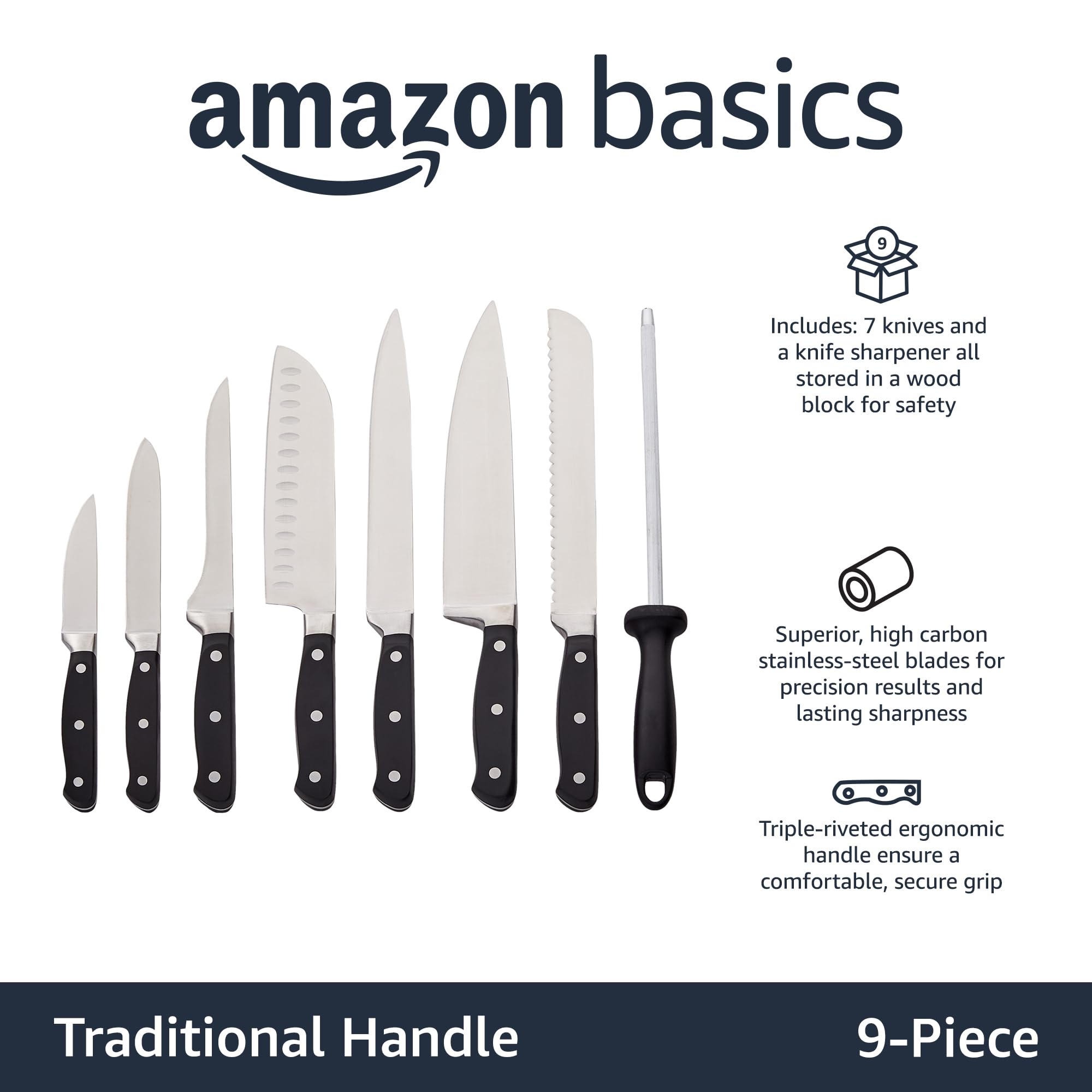 Amazon Basics chef's knife close-up showing high-carbon stainless steel blade for precise cuts