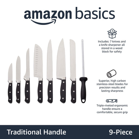 Amazon Basics chef's knife close-up showing high-carbon stainless steel blade for precise cuts