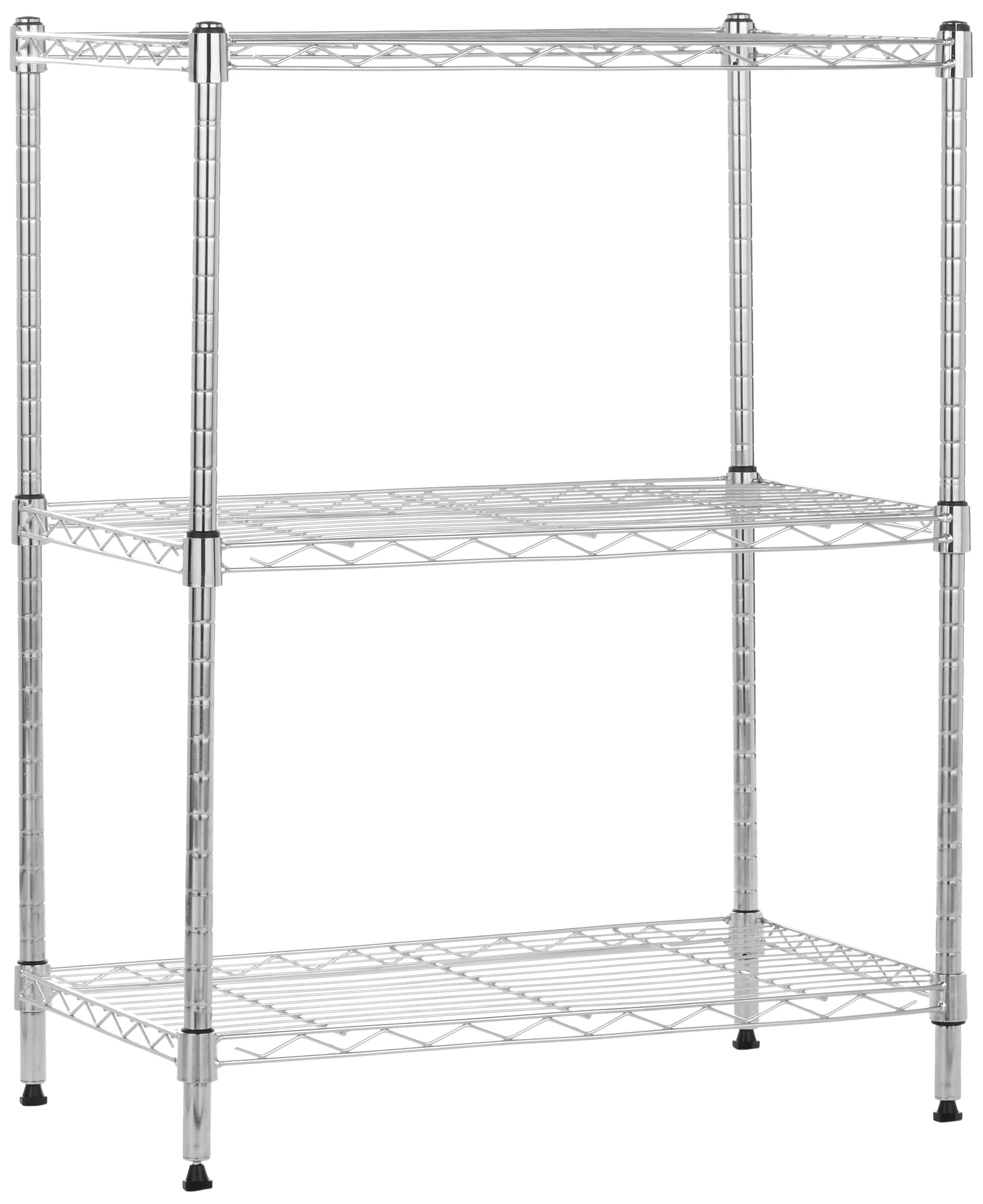 Amazon Basics front view of 3-shelf chrome rack showing compact storage benefit