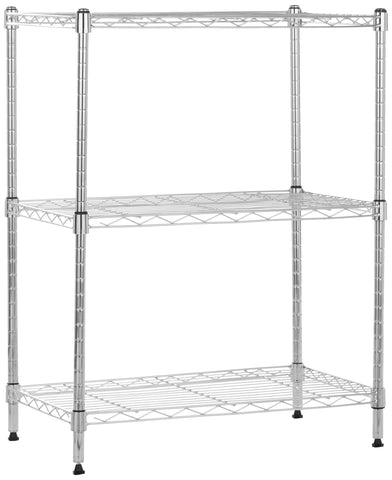 Amazon Basics front view of 3-shelf chrome rack showing compact storage benefit